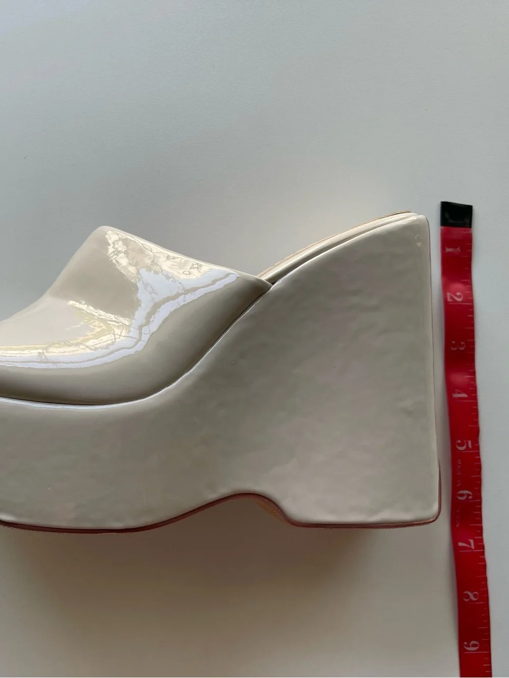 Patent Cream Platform Wedge Mules